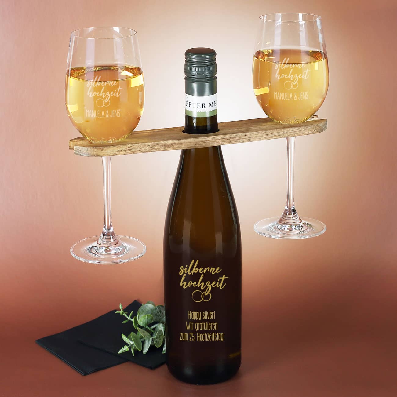 Silberne Hochzeit - Wein-Geschenkset mit Wunschtext und Namen graviert