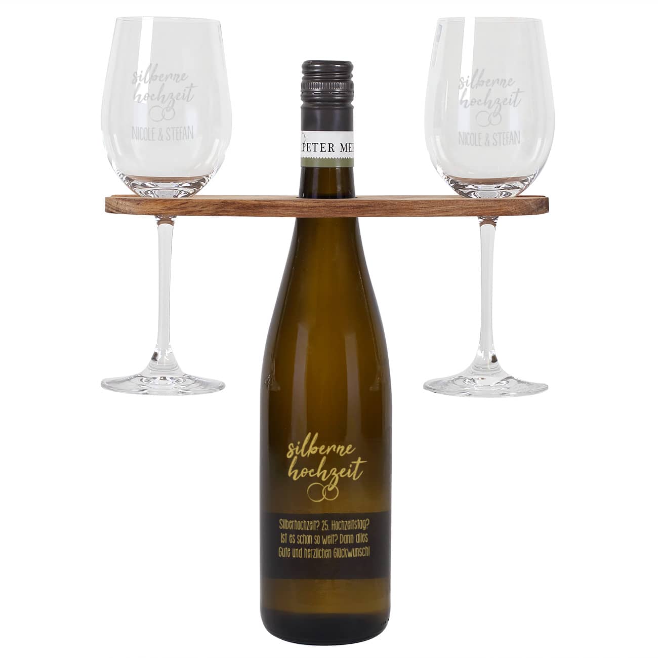 Silberne Hochzeit - Wein-Geschenkset mit Wunschtext und Namen graviert