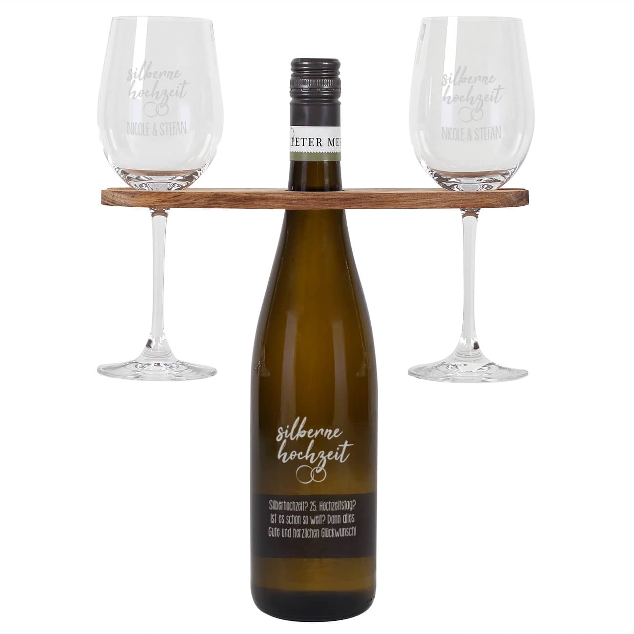 Silberne Hochzeit - Wein-Geschenkset mit Wunschtext und Namen graviert