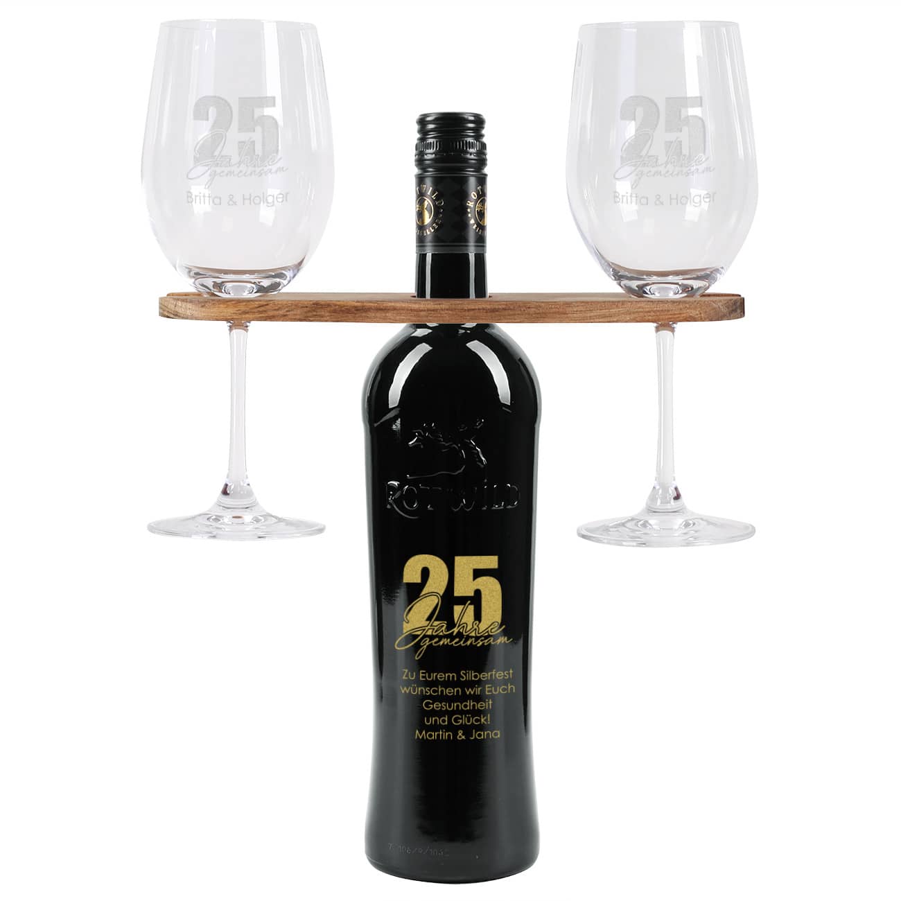 25 Jahre gemeinsam - Geschenkset mit gravierten Weingläsern und Weiflasche