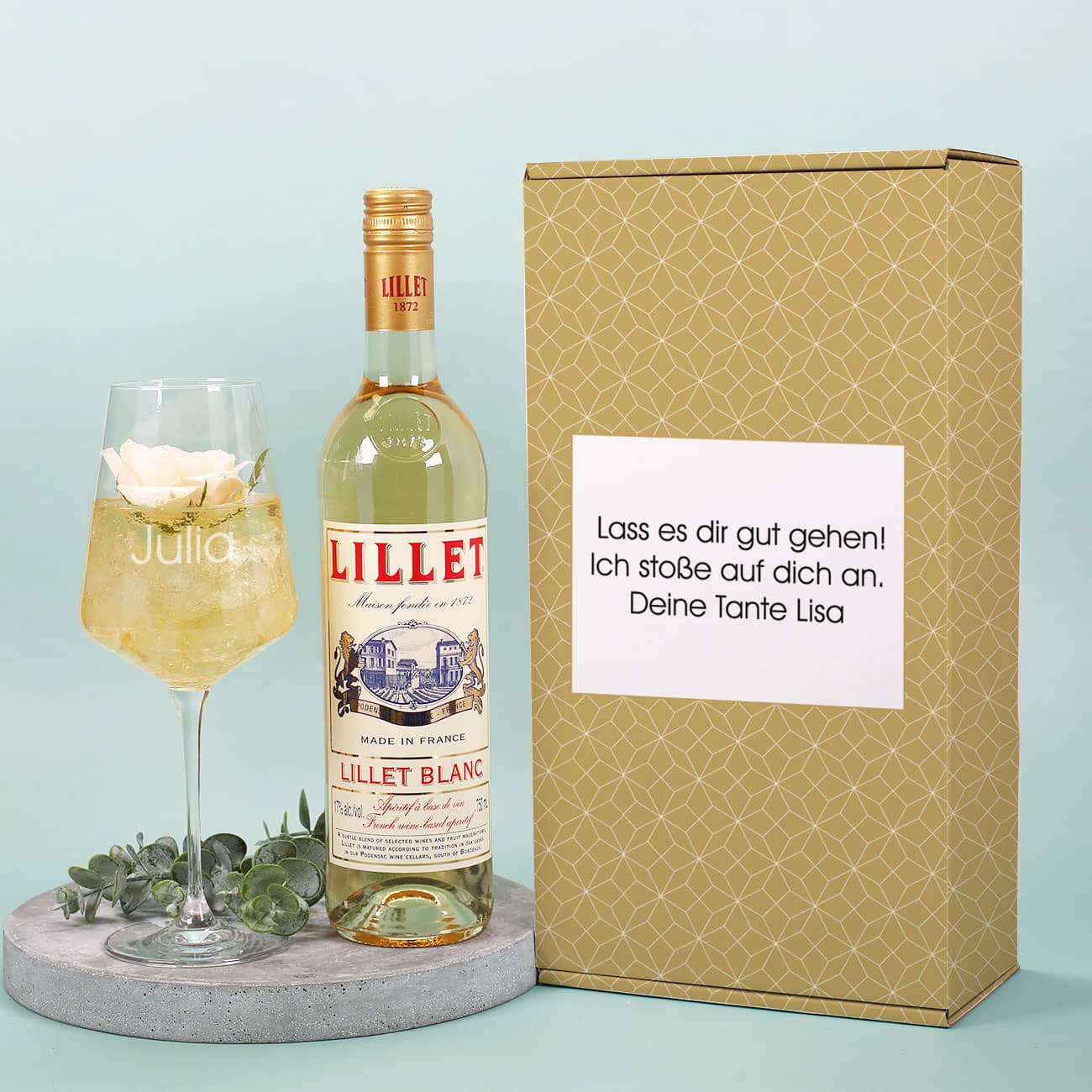 Lillet Geschenkset mit Weinglas mit Gravur & Geschenkverpackung mit individuellem Text