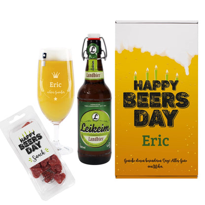 Bier - Geschenkset zum Geburtstag mit Pilstulpe, Bierflasche und Salami-Herzen