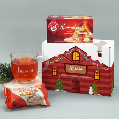 Tee Geschenkset zu Weihnachten mit leckerem Stollen-Riegel & personalisierter Box