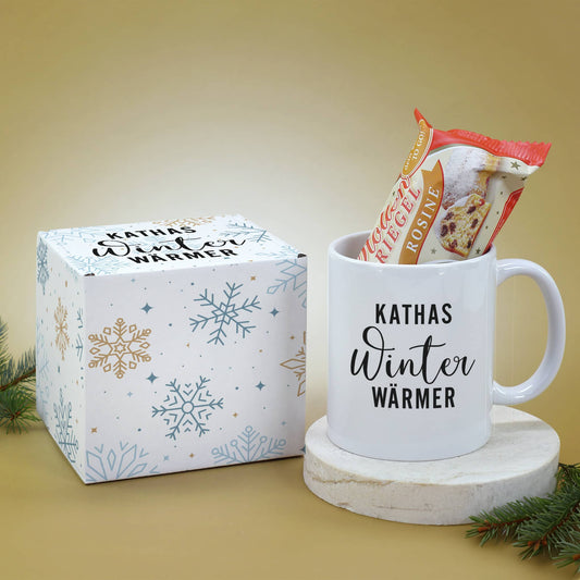 Personalisiertes Geschenkset Winterwärmer mit Tasse, Geschenkbox & Stollenriegel