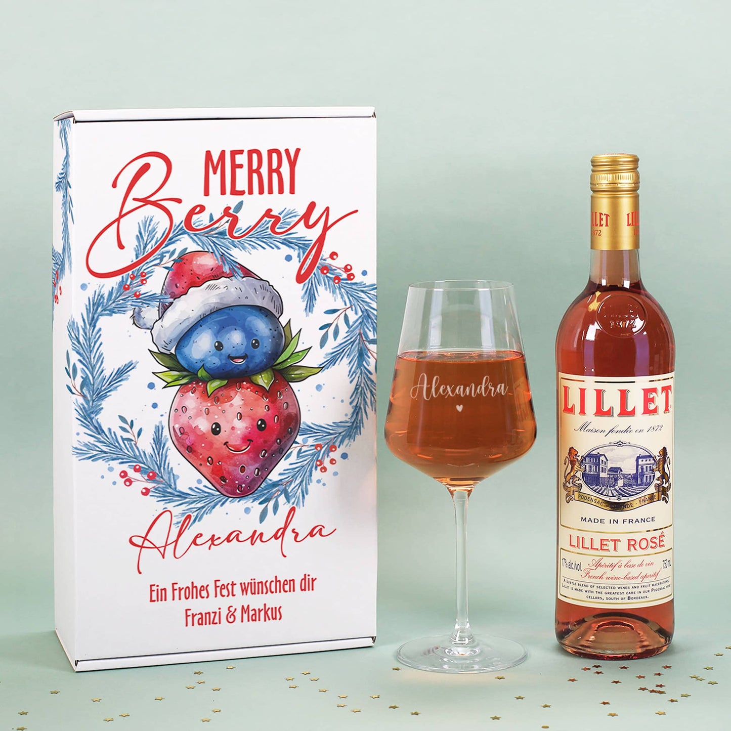 Geschenkset zu Weihnachten mit Lillet & Weinglas mit Namensgravur