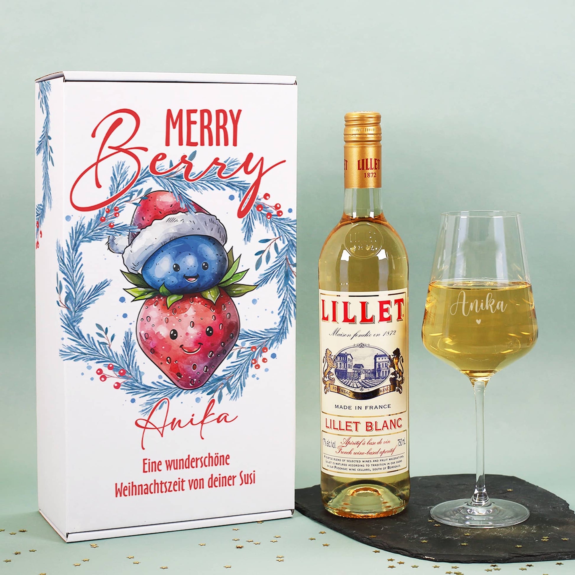 Geschenkset zu Weihnachten mit Lillet & Weinglas mit Namensgravur