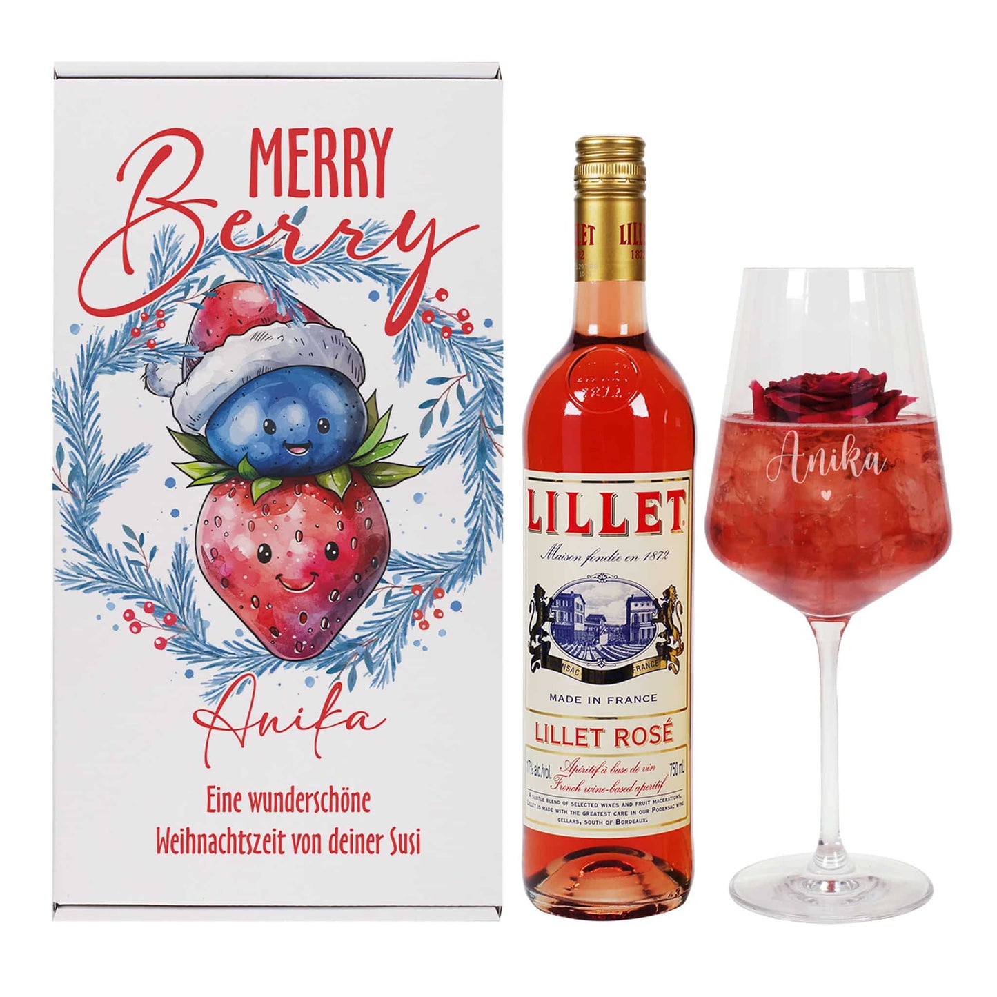 Geschenkset zu Weihnachten mit Lillet & Weinglas mit Namensgravur