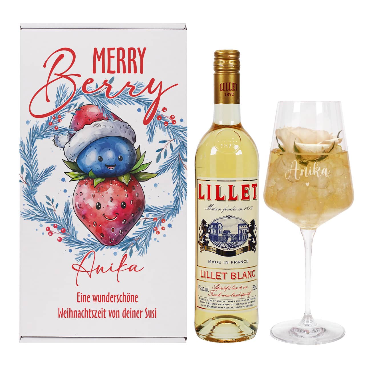 Geschenkset zu Weihnachten mit Lillet & Weinglas mit Namensgravur