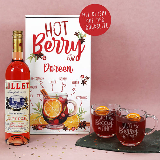 Lillet Hot Berry Geschenkset mit einer Flasche, Geschenkbox & zwei gravierten Gläsern