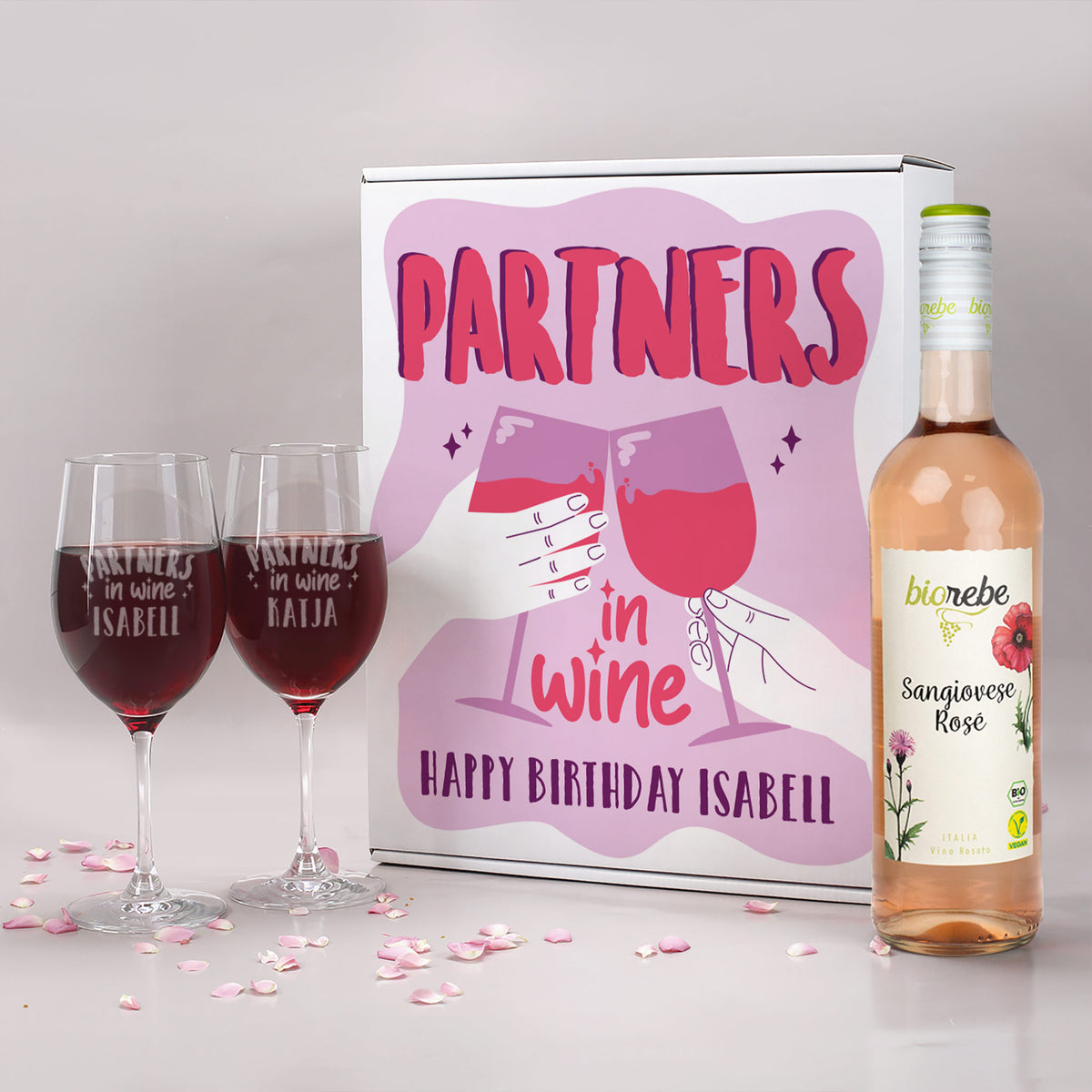 Partners in Wine - Wein Geschenk Set mit zwei Weingläsern und veganem Biorebe Wein