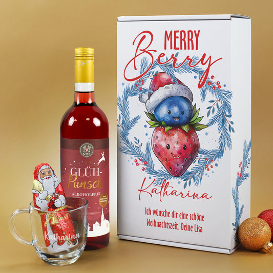 Personalisiertes Merry Berry Weihnachts-Geschenkset mit Glühpunsch alkoholfrei, Schoko-Weihnachtsmann, Glastasse und Geschenkbox mit Name Katharina