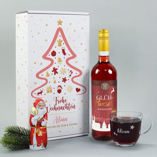 Weihnachtsgeschenkset mit Glühpunsch, Schoko-Weihnachtsmann, Teeglas mit Name Alina und personalisierter Geschenkbox mit Weihnachtsbaum-Motiv