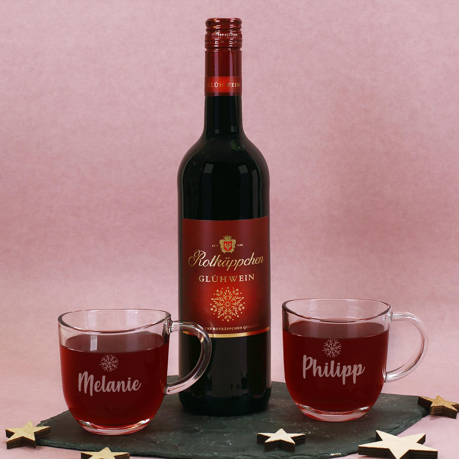 Flasche Glühwein oder Glühpunsch & zwei gravierte Gläser