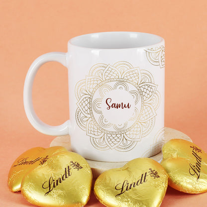 Geschenkset zu Ramadan mit personalisierter Tasse im Mandala-Design und süßer Füllung nach Wahl
