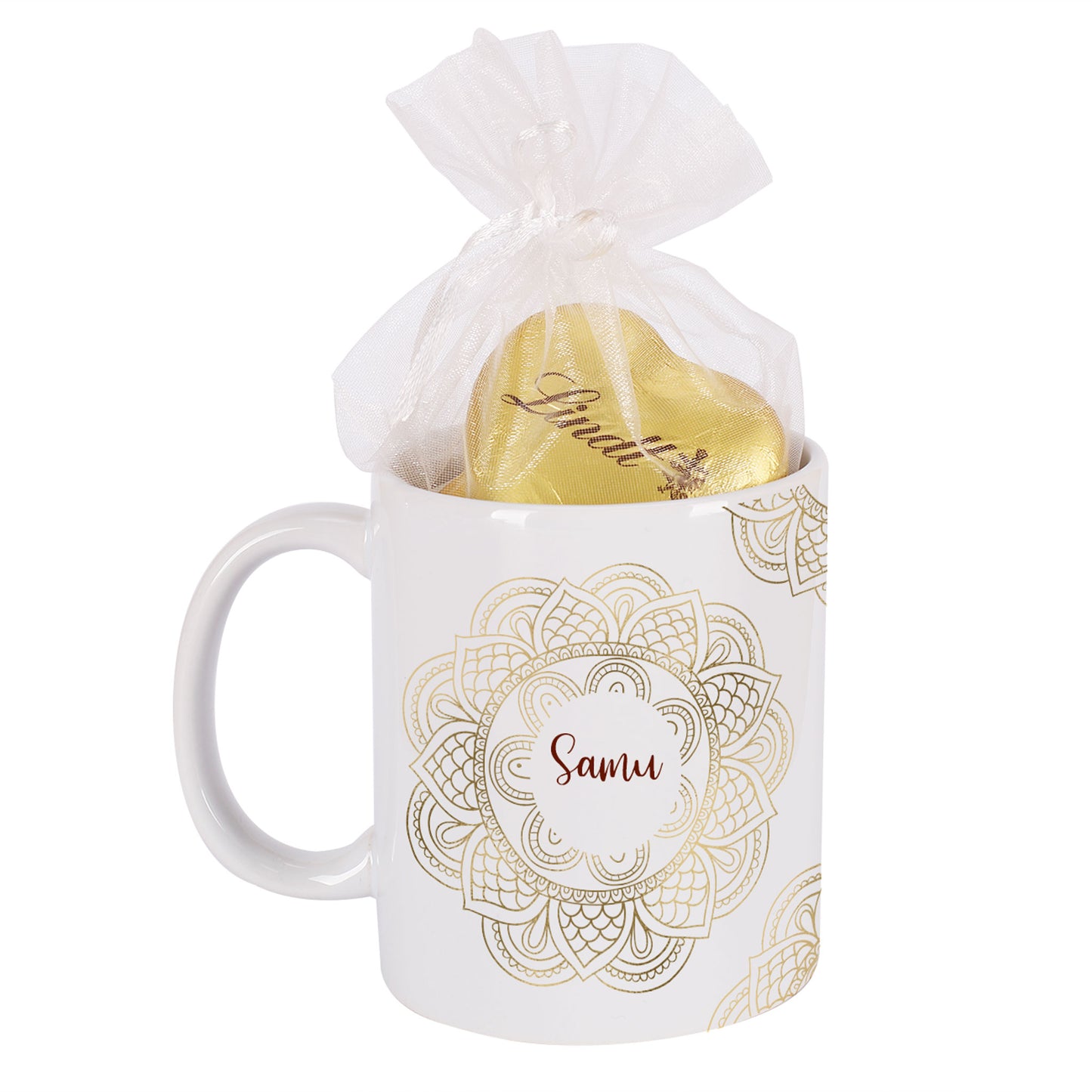 Geschenkset zu Ramadan mit personalisierter Tasse im Mandala-Design und süßer Füllung nach Wahl