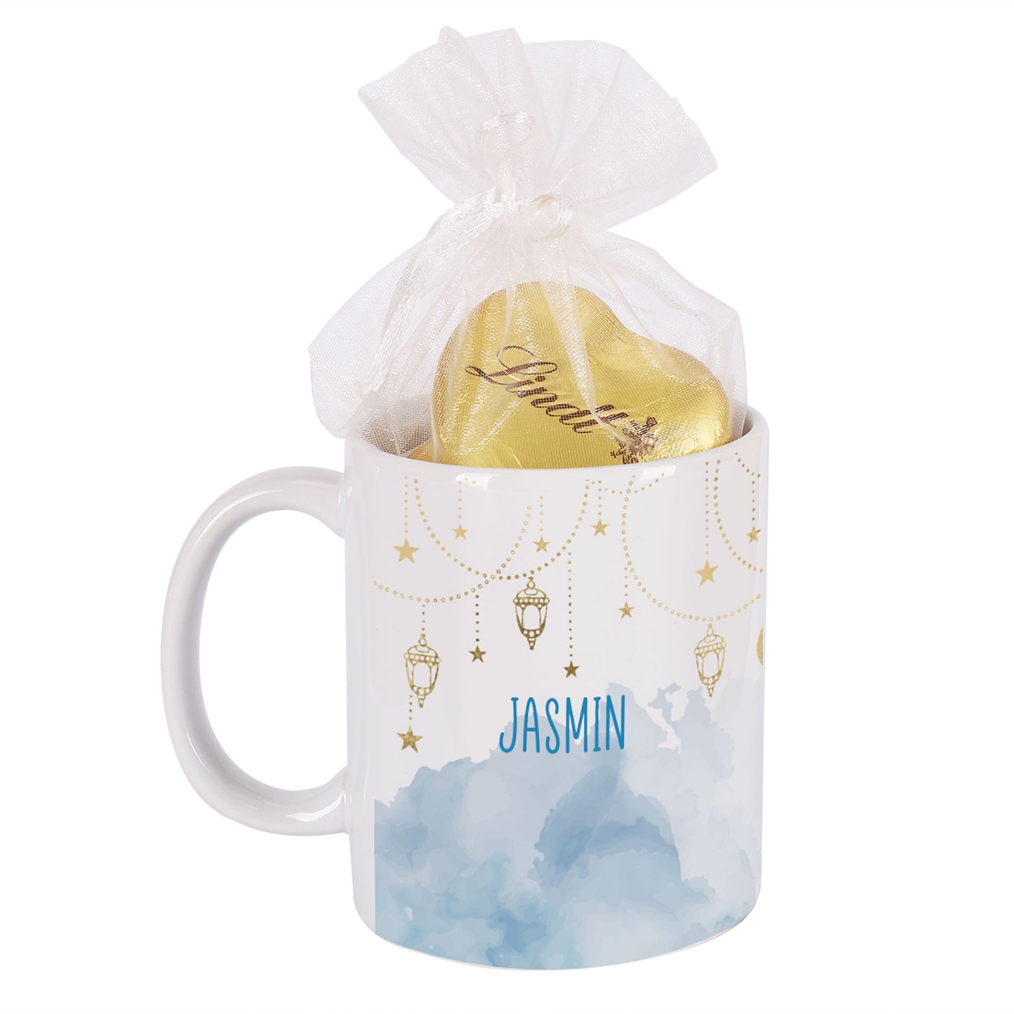 Geschenkset zu Ramadan mit personalisierter Tasse im Laternen-Design und süßer Füllung nach Wahl