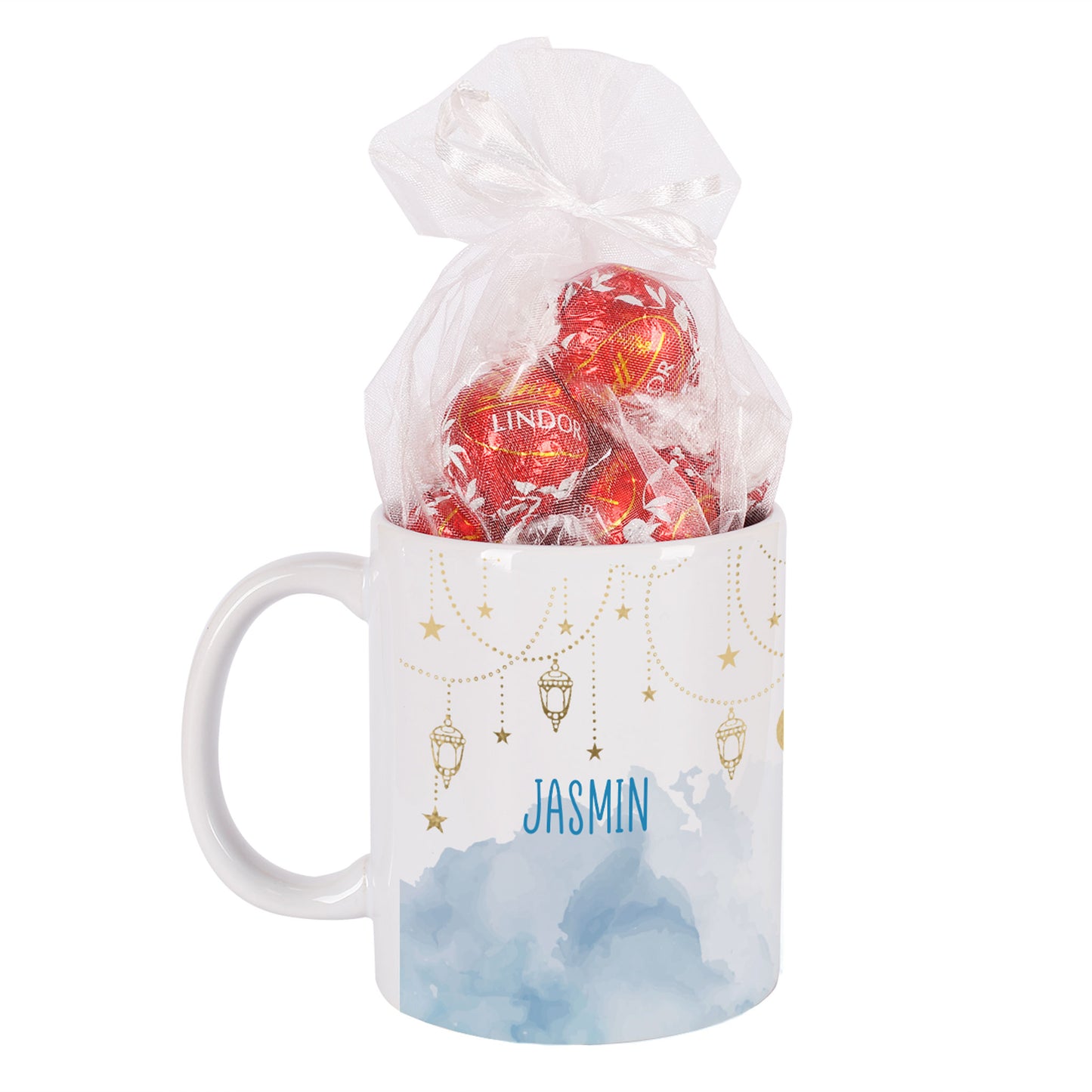 Geschenkset zu Ramadan mit personalisierter Tasse im Laternen-Design und süßer Füllung nach Wahl