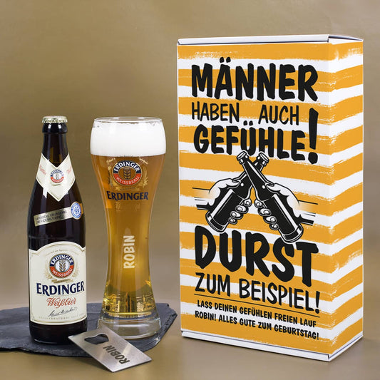 Erdinger Weißbier und Weizenglas und Flaschenöffner mit Namensgravur