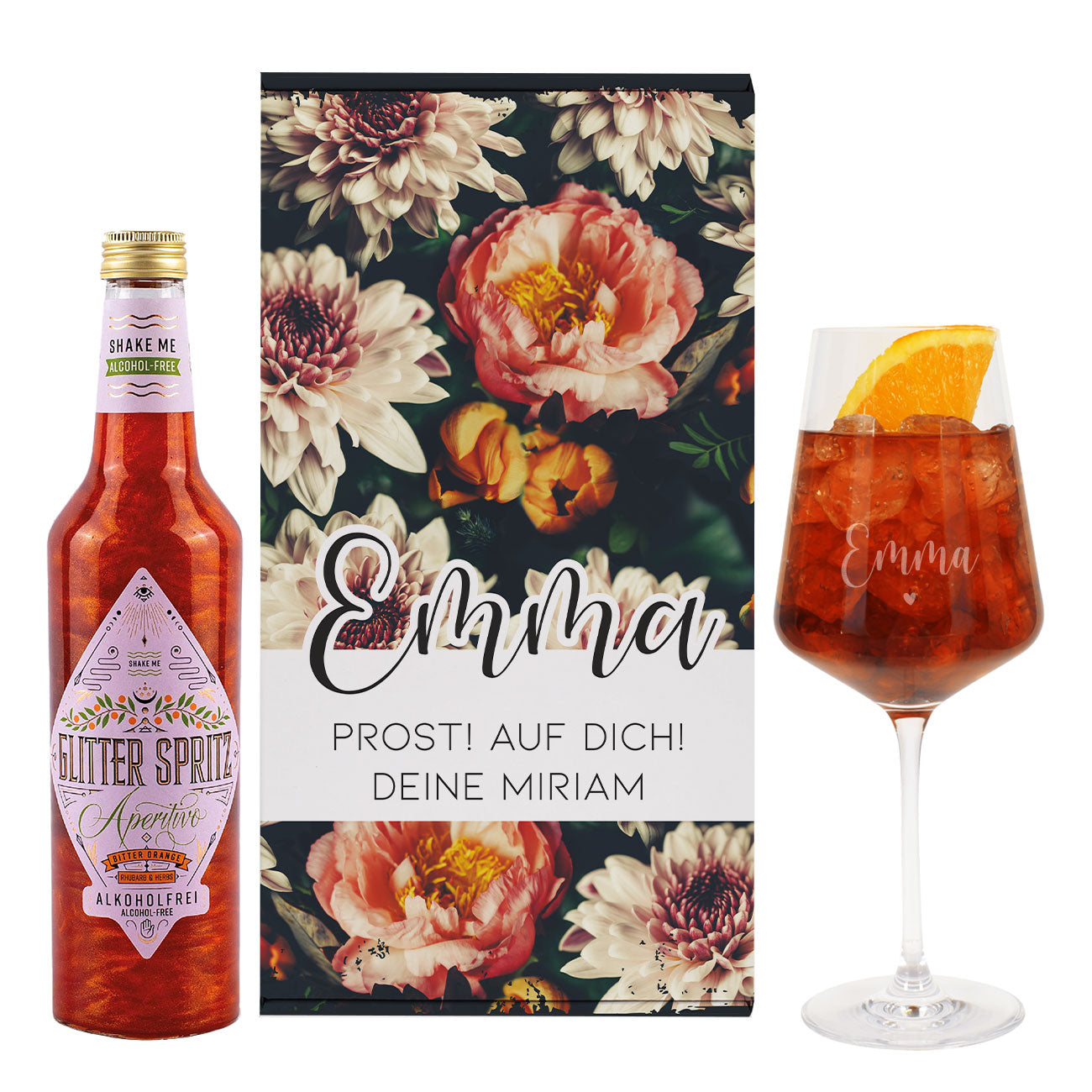 Lillet Geschenkset mit graviertem Weinglas und eleganten Vintage Blumenmotiv