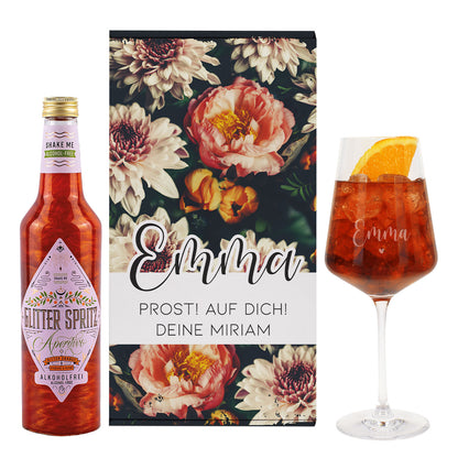 Lillet Geschenkset mit graviertem Weinglas und eleganten Vintage Blumenmotiv