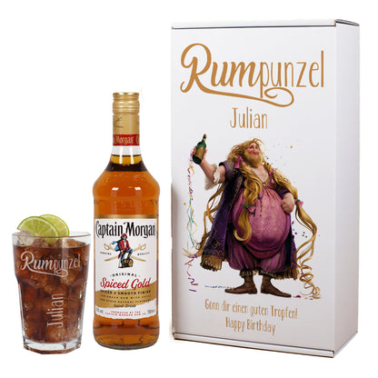 Geschenkverpackung mit Rumpunzel-Motiv, Name und Wunschtext auf der Vorderseite