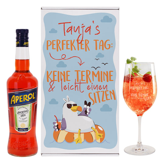 Freigestelltes Produktbild: Set mit Aperol auf weißem Untergrund mit Fokus auf Druckdetails