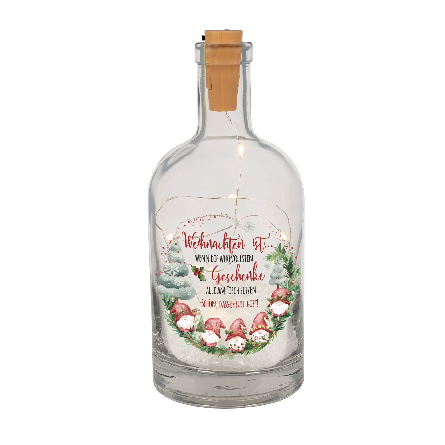 Personalisierte LED Deko-Karaffe mit Wichtelmotiv & Wunschtext | Verschneite Weihnachtsdeko im Glas