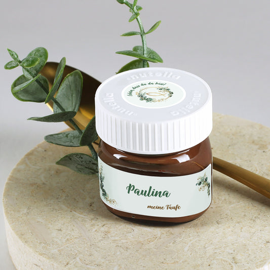Personalisierte Nutella Mini Gläser zur Taufe mit Eukalyptus Fisch Aufkleber