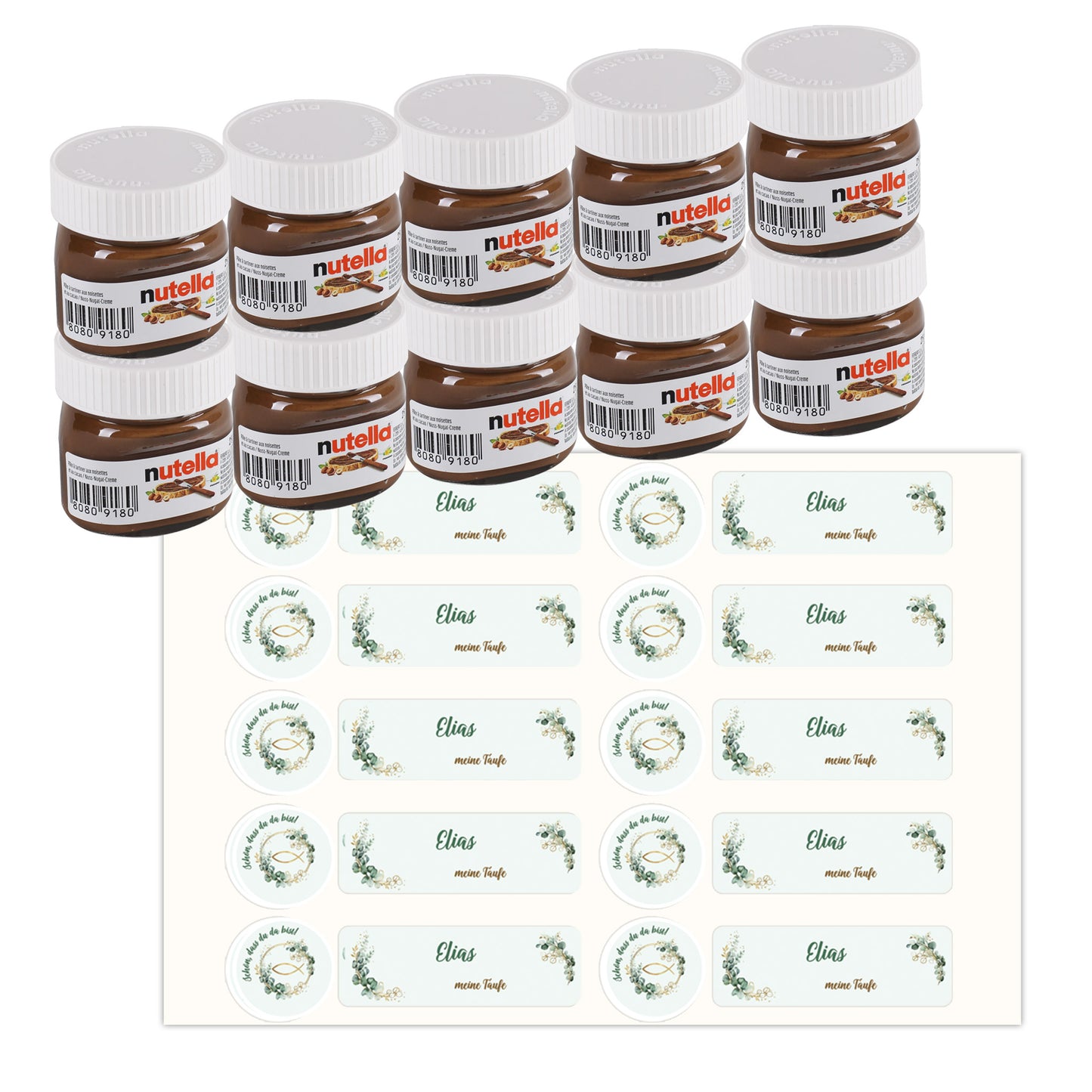 Nutella Mini Glas mit personalisiertem Deckelaufkleber Fischsymbol zur religiösen Feier