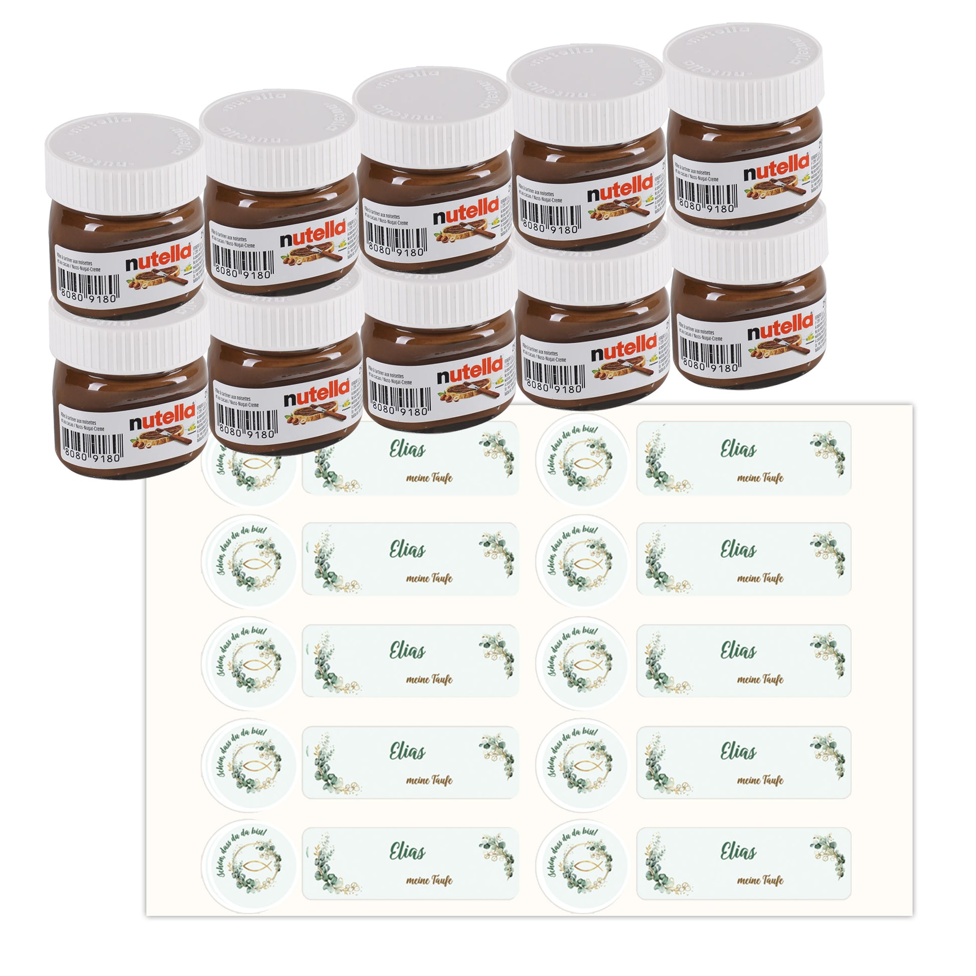 Nutella Mini Glas mit personalisiertem Deckelaufkleber Fischsymbol zur religiösen Feier