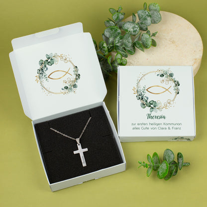 Kreuzkette mit Namensgravur in personalisierter Geschenkbox zur Kommunion