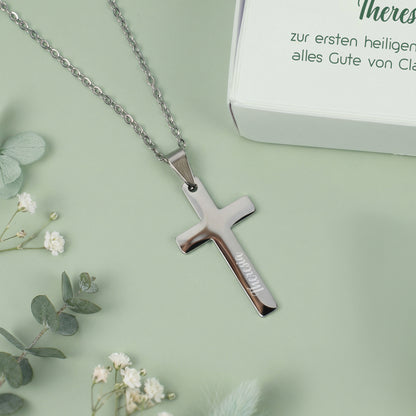 Kreuzkette mit Namensgravur und Ichthys Geschenkbox zur religiösen Feier
