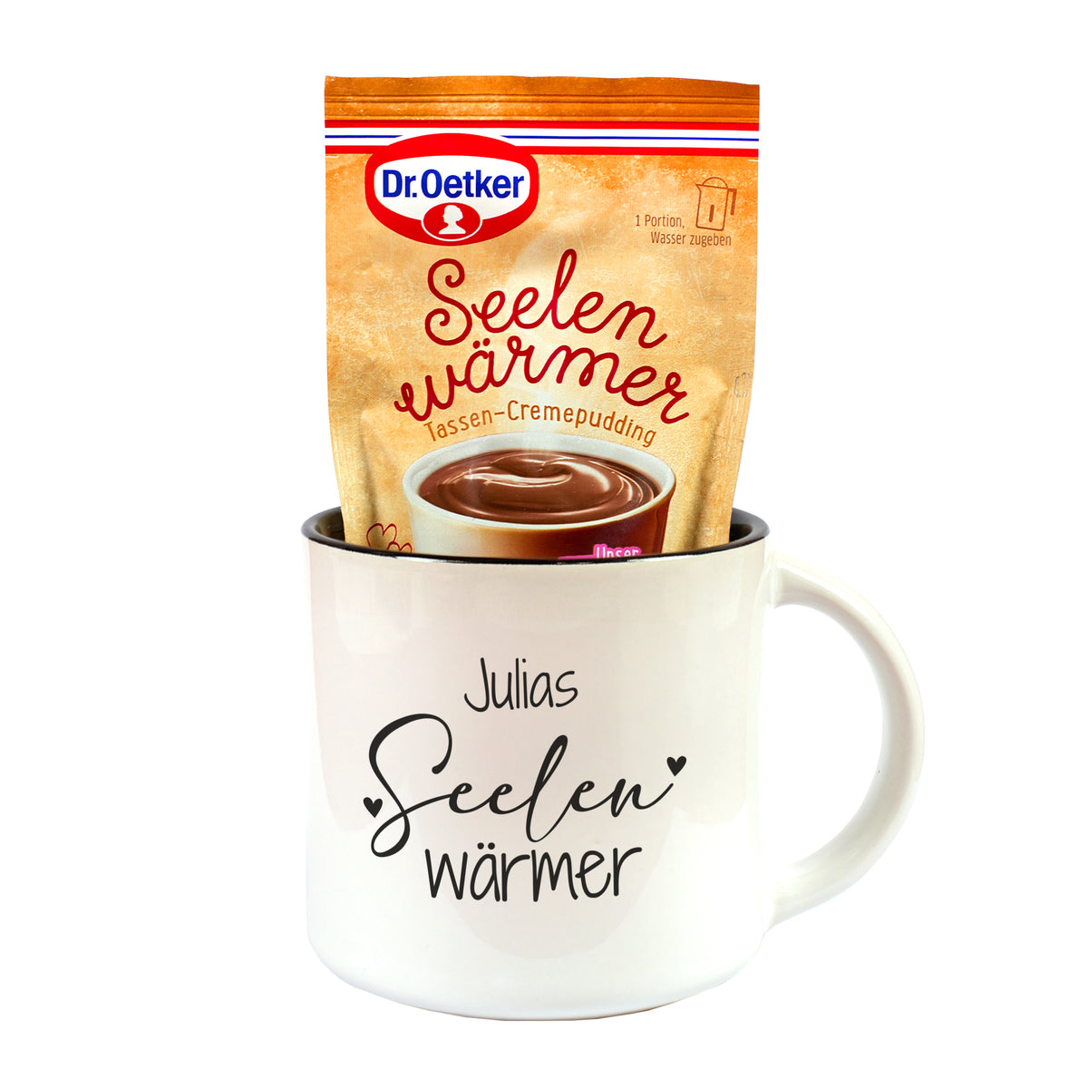 Personalisierte Tasse mit Seelenwärmer Motiv und Tassen-Cremepudding Schokolade
