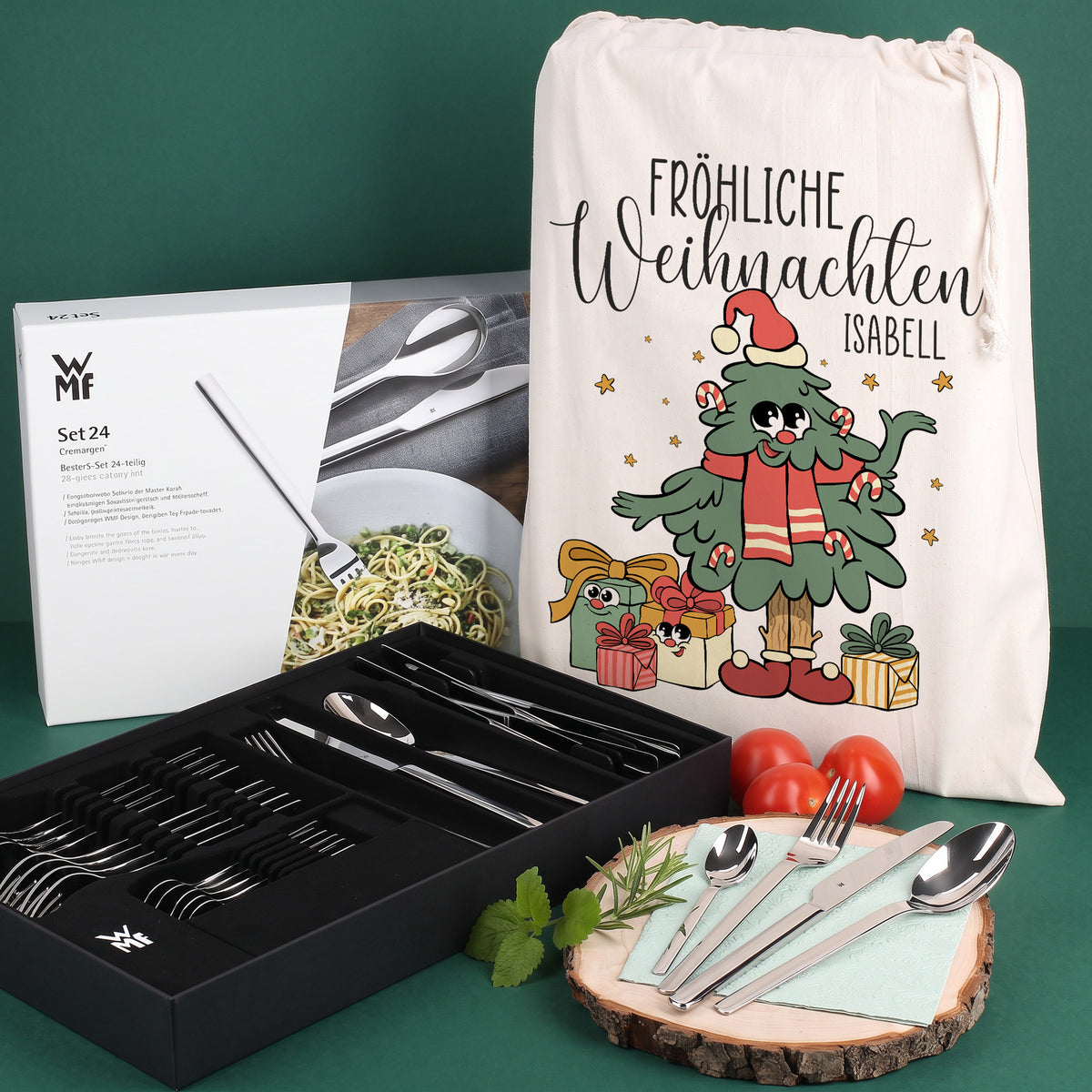 WMF Besteckset 24-teilig mit personalisiertem Geschenksack und Weihnachtsbaum Motiv