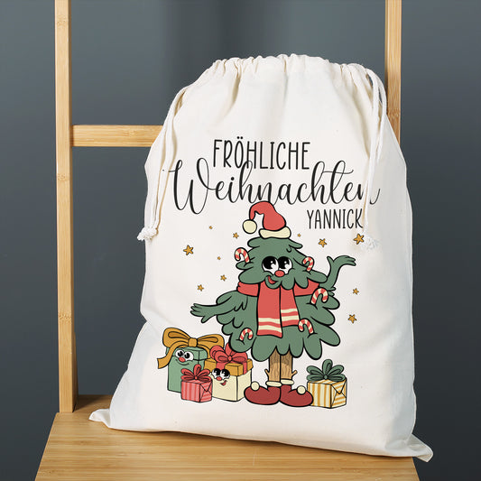 Personalisierter Weihnachts Geschenksack mit Name, Weihnachtsbaum und Fröhliche Weihnachten Motiv