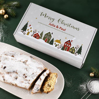 Personalisierte Stollen Geschenkbox mit Merry Christmas Motiv, Namen Julia und Paul sowie angeschnittenem Weihnachtsstollen