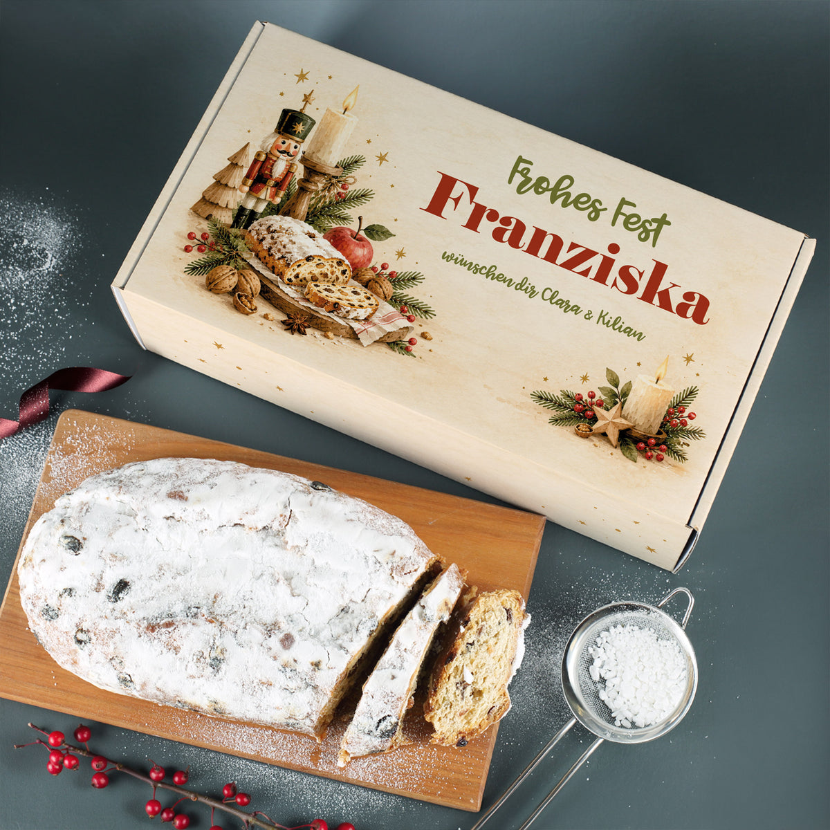 Personalisierte Stollen Geschenkbox „Frohes Fest Franziska“ mit Wunschtext und Weihnachtsmotiv