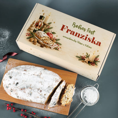 Personalisierte Stollen Geschenkbox „Frohes Fest Franziska“ mit Wunschtext und Weihnachtsmotiv