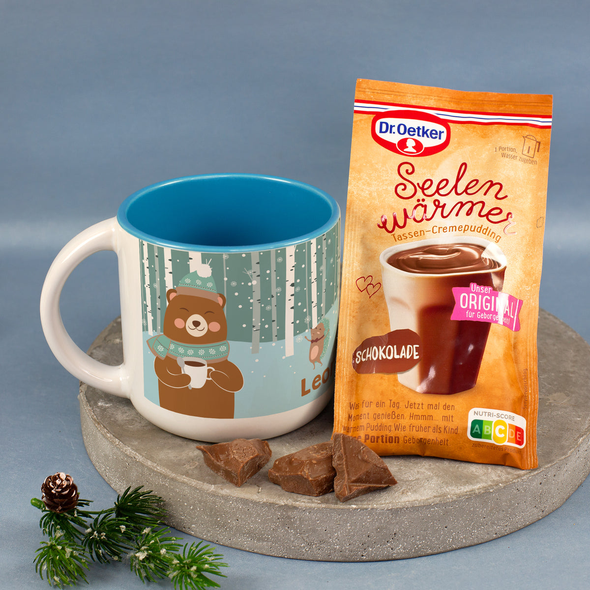 Geschenk Set für Kinder mit personalisierter Tasse und Schokolade Tassenpudding