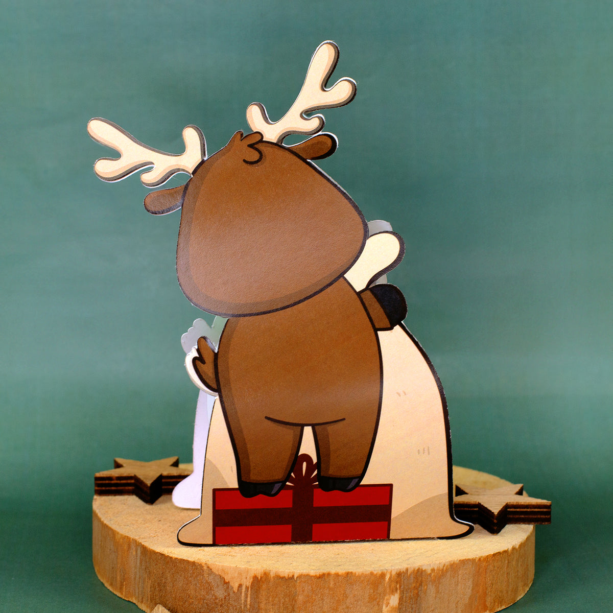 Rückansicht der Rentier-Geschenkverpackung mit weihnachtlichem Geschenk-Motiv
