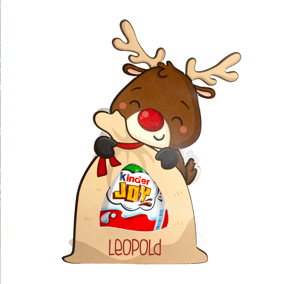 Freigestellte Rentier-Geschenkverpackung mit Kinder Joy und personalisiertem Namen Leopold