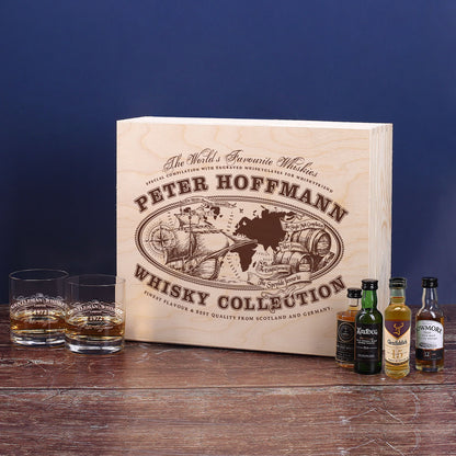 Worlds Favourite Whiskies Geschenkset mit gravierten Gläsern und bedruckter Holzkiste
