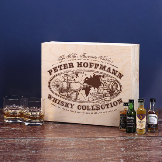 Worlds Favourite Whiskies Geschenkset mit gravierten Gläsern und bedruckter Holzkiste