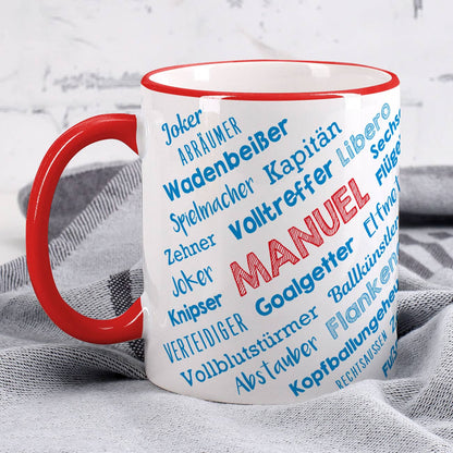 Bedruckte Tasse mit witzigen Fußballbegriffen