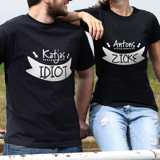Partner Fun-Shirts mit Namensaufdruck -  Idiot und Zicke
