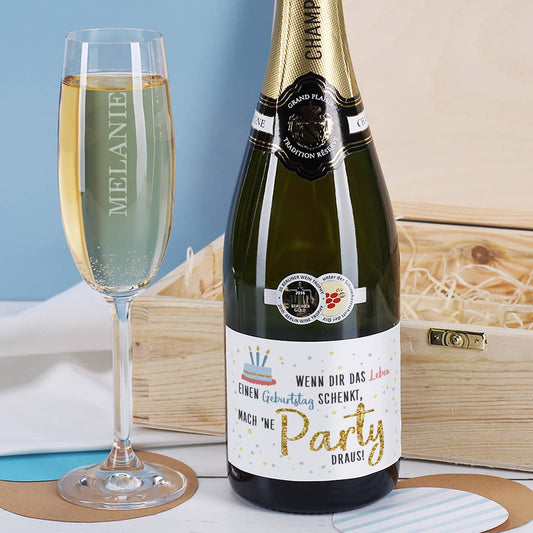 Champagner zum Geburtstag mit graviertem Glas in Holzbox