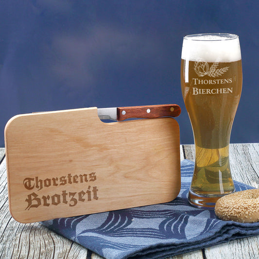 Brotzeit Brettchen und Weizenglas im Set
