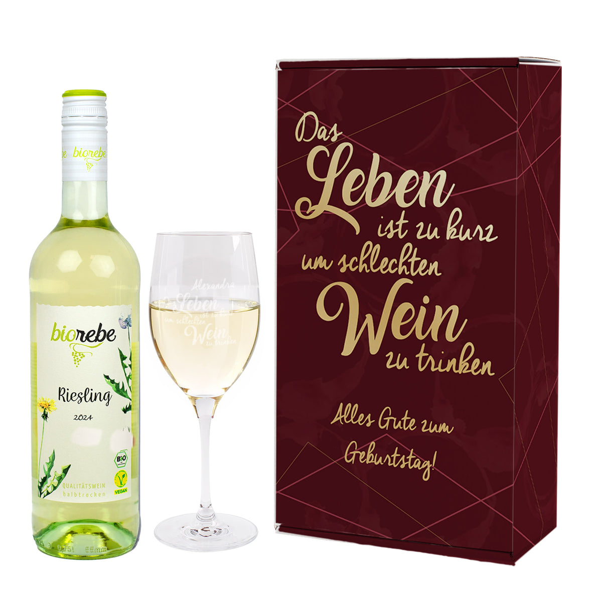 Biorebe Wein und Weinglas in personalisierter Geschenkverpackung