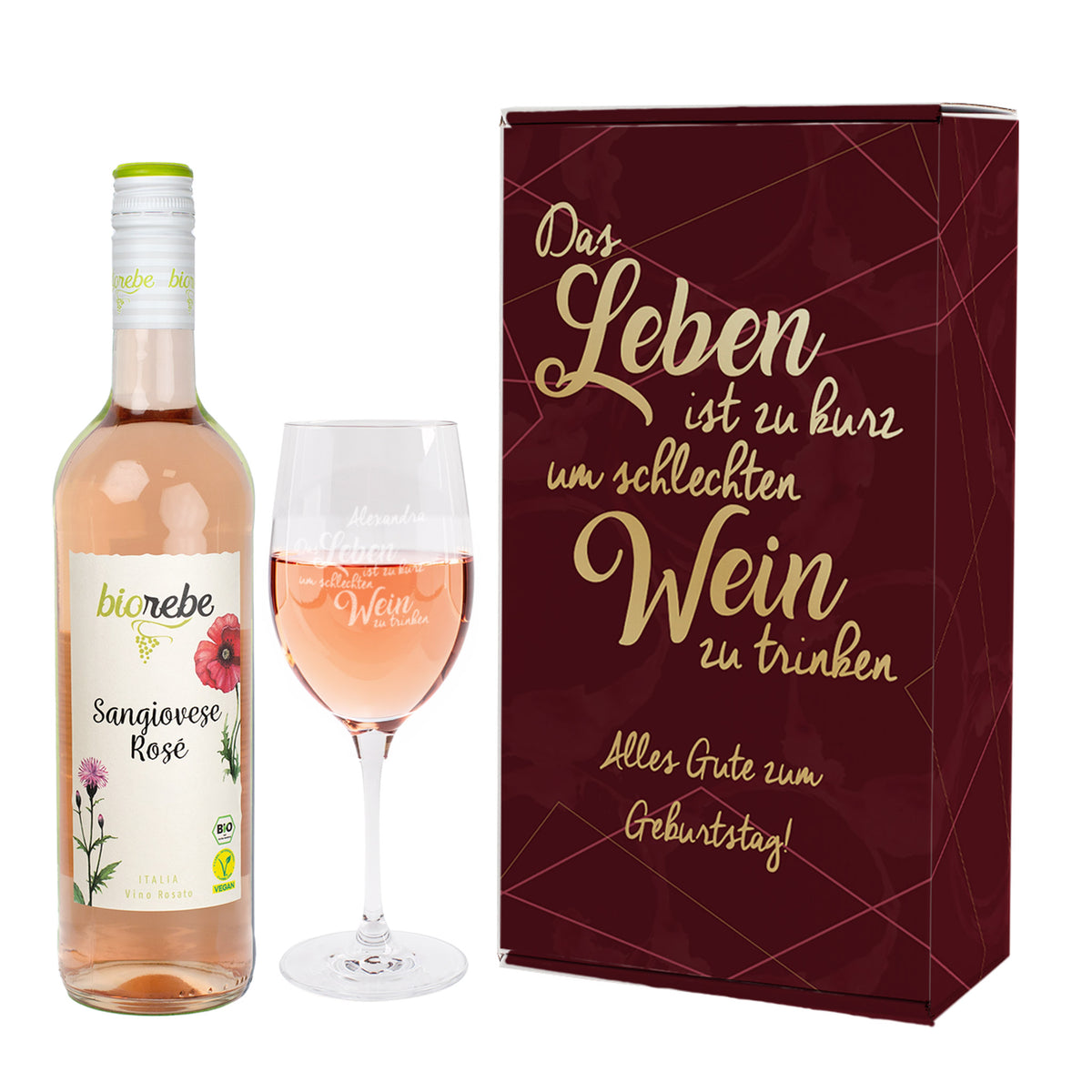 Biorebe Wein und Weinglas in personalisierter Geschenkverpackung