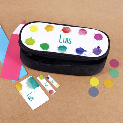 Bedruckte Federmappe und Schulaufkleber